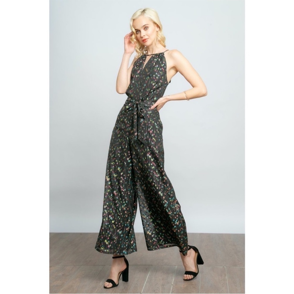 Anthropologie Eva Franco Edita Black Metallic Wide Leg Jumpsuit
